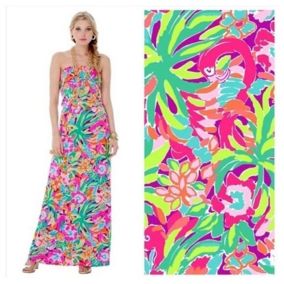 Lilly Pulitzer Maxi Dress Medium Lulu Flamingo Halter Off the Shoulder Resort We - Picture 1 of 4